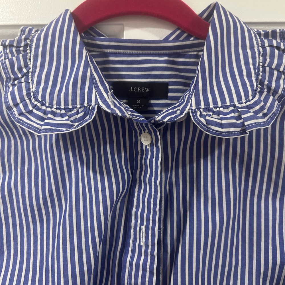 J. Crew Navy and White Ruffle Striped Button Down Shirt